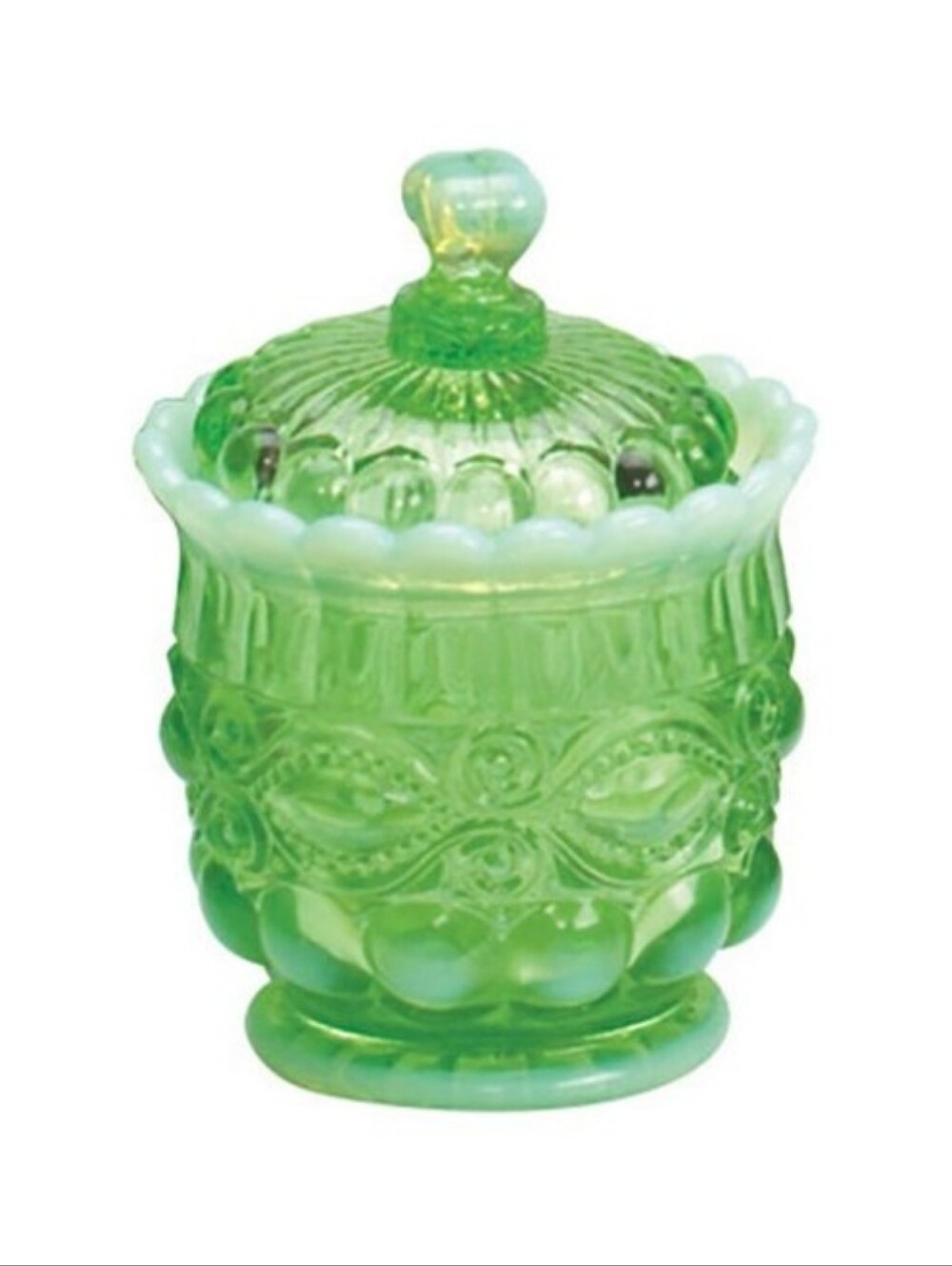 Mosser Glass Eye Winker Sugar Bowl and Lid in green opalescent